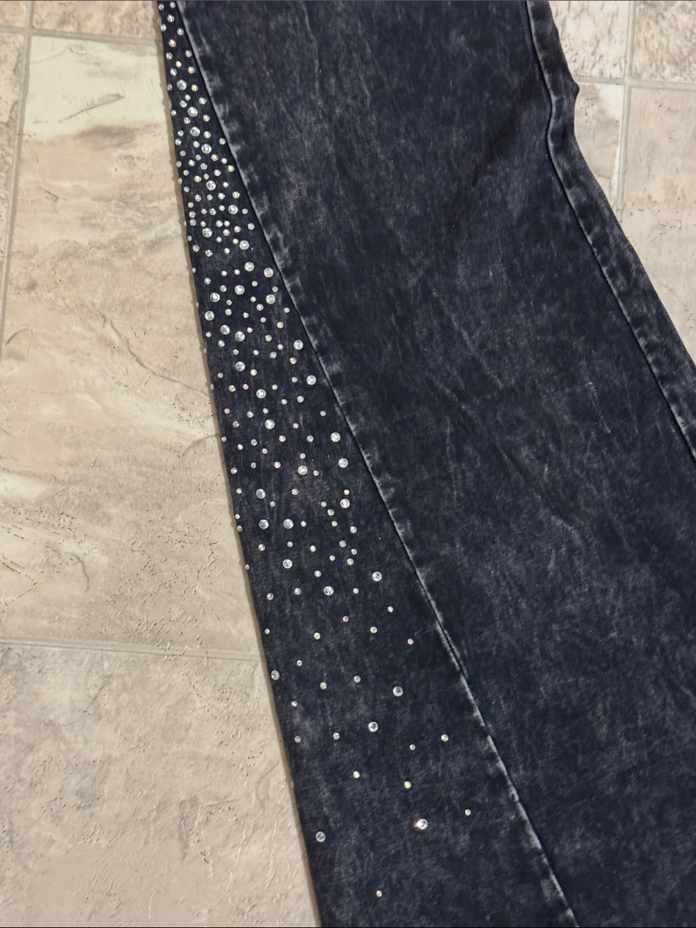 T Party Black Acid-Wash Flare Leggings with Rhinestone Side Panels - Picture 4 of 4